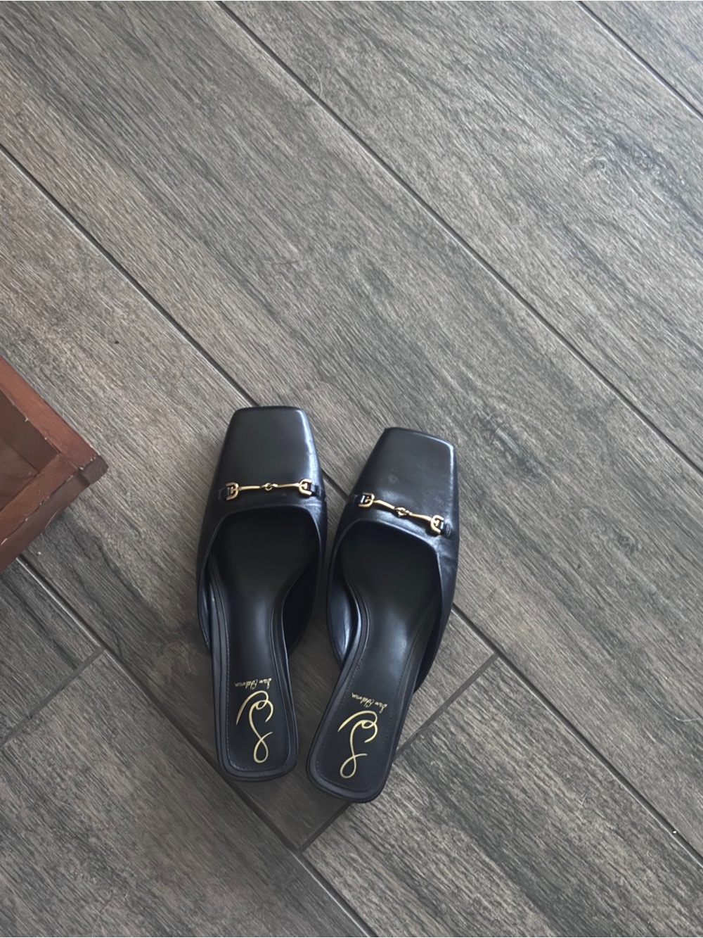 Sam Edelman Black Leather Square-Toe Mules with Gold Bit